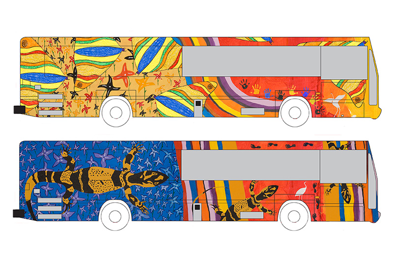 Rob Little bus wrap BlueGoanna Bus, Yellow Bogong Moth Bus, RLDI